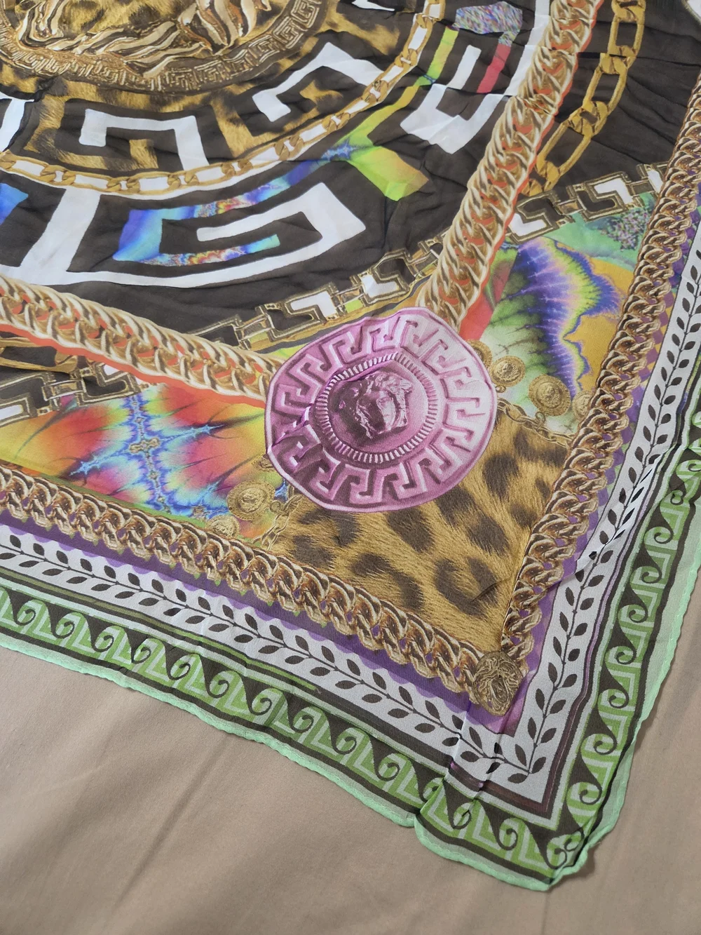 Authentic Versace 100% Silk Medusa Greek Key Multicolor Scarf Shawl Made Italy